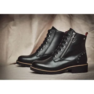 PIKOLINOS Vicar W0V-8610 Negro, granate y hielo. Bota plana cordones mujer