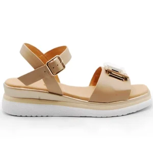 REPO 10411 Taupe y Blanco Sandalia cuña media adorno mujer