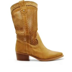 VEXED 6984 Beige y Cuero Bota Western calada tacón medio mujer