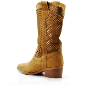 VEXED 6984 Beige y Cuero Bota Western calada tacón medio mujer
