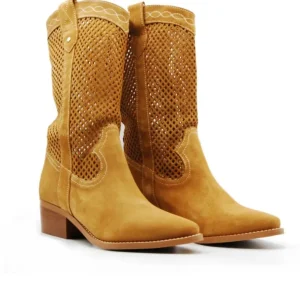 VEXED 6984 Beige y Cuero Bota Western calada tacón medio mujer